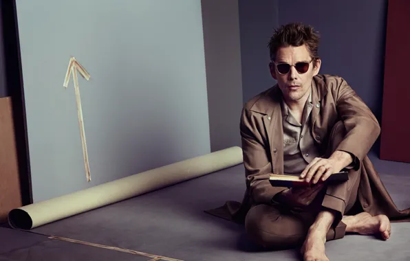 Picture barefoot, glasses, actor, book, cloak, sitting, on the floor, photoshoot
