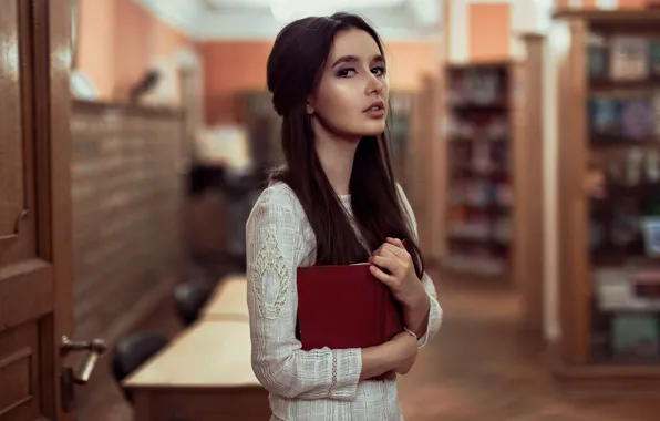 Blouse, long hair, model, women, brunette, books, white blouse, women indoors
