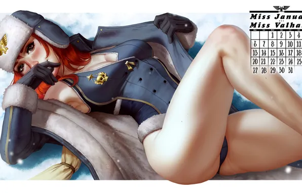 Chest, girl, feet, hat, body, calendar, uniform, art