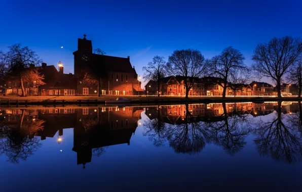 Trees, lights, reflection, home, Amsterdam, channel, Netherlands, twilight