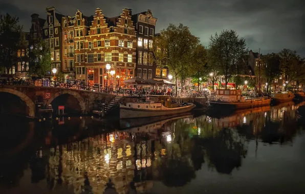 Picture night, bridge, the city, home, boats, the evening, lighting, Amsterdam