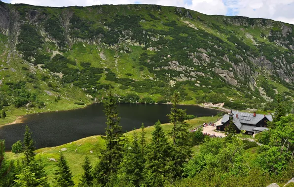 Picture greens, trees, mountains, lake, stones, home, Poland, the view from the top