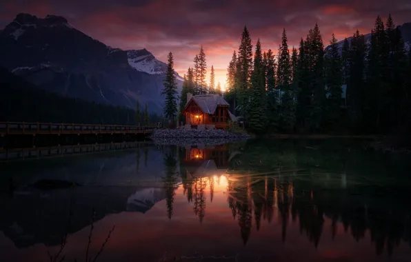 Forest, water, mountains, nature, lake, reflection, the evening, house