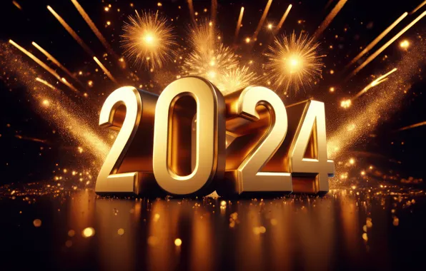 Salute, figures, New year, golden, numbers, New year, 2024, fieworks