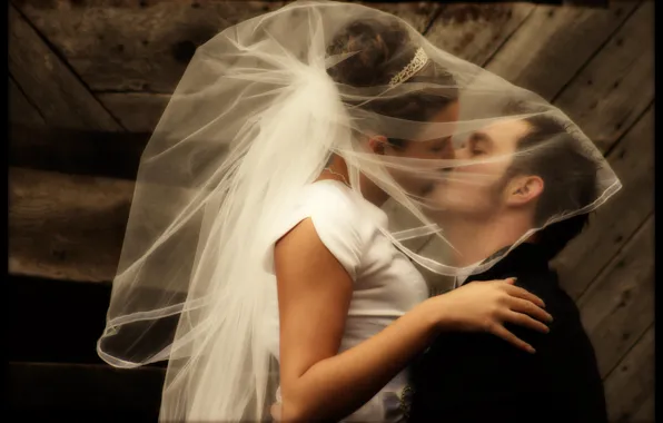 Kiss, The bride, Wedding, Veil