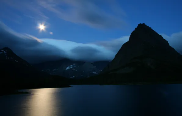 The sky, water, mountains, night, surface, reflection, photo, rocks