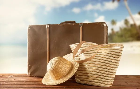 Picture hat, suitcase, summer, beach, vacation, travel