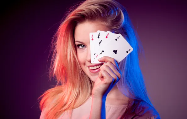 Card, girl, 4 aces
