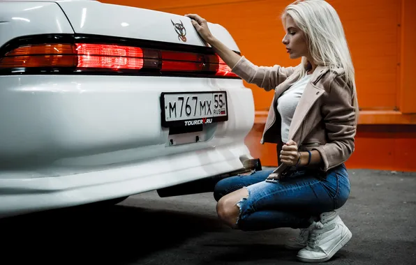 Car, girl, beautiful, model, jeans, sweet, blonde, long-haired