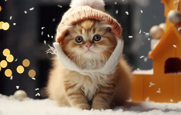 Cat, the dark background, kitty, red, Christmas, New year, house, cap