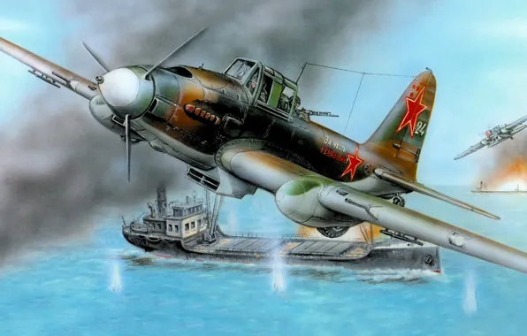 War, art, painting, aviation, ww2, Ilyushin Il-2, ship attack, IL-2M