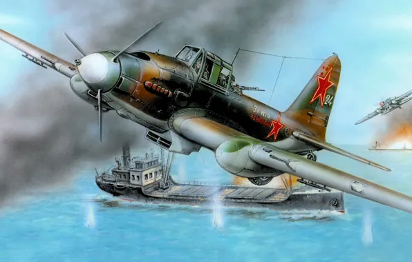 War, art, painting, aviation, WW2, Ilyushin Il-2, ship attack, IL-2M