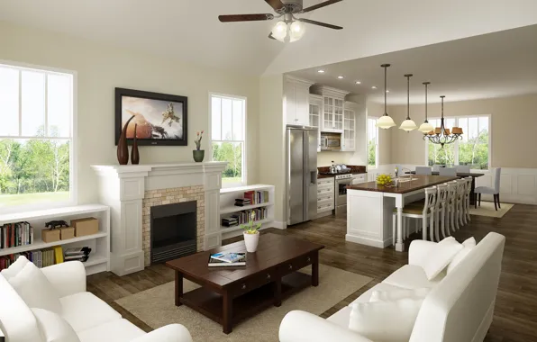 Picture interior, kitchen, fireplace, living room, dining room