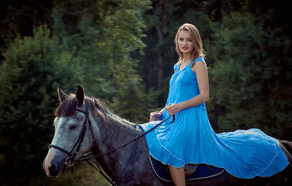 Picture forest, girl, trees, horse, makeup, dress, hairstyle, walk