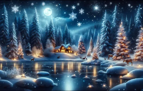 Winter, animals, snow, nature, lake, holiday, the moon, house