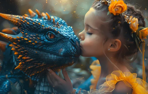 Face, blue, pose, dragon, kiss, fantasy, girl, Princess