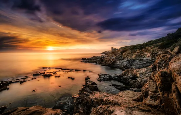 Picture rock, ocean, sunset, wave