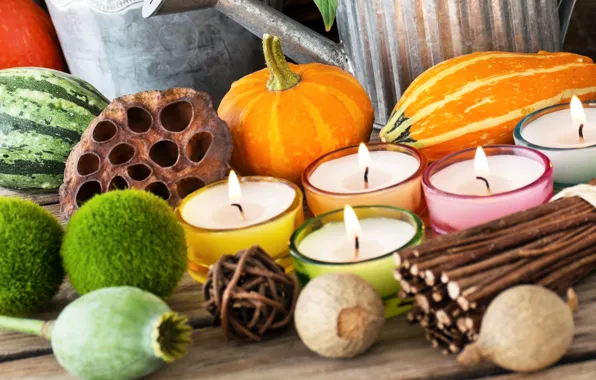 Picture autumn, decoration, Maki, candles, watermelon, pumpkin, rods, decor