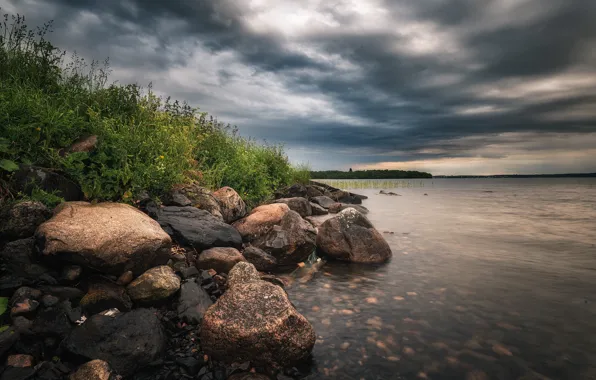 Grass, landscape, clouds, nature, lake, stones, Bank, Karelia