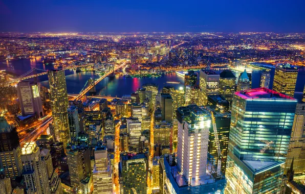 Night, lights, river, home, New York, skyscrapers, panorama, USA