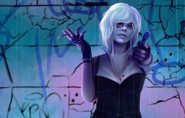 Gun, wall, rain, Charlize Theron, art, glasses, blonde, cigarette
