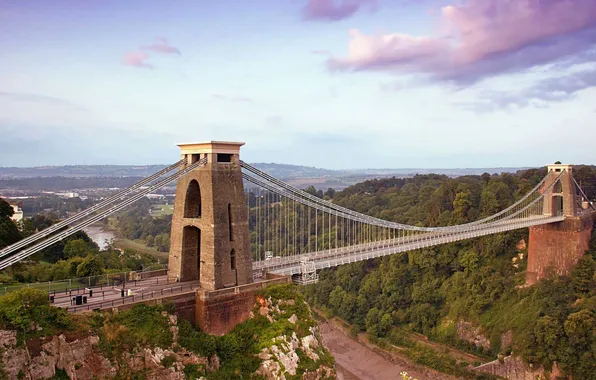 Forest, the sky, clouds, trees, bridge, river, rocks, tower
