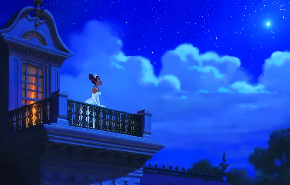 Picture the sky, clouds, night, star, cartoon, tale, balcony, Princess