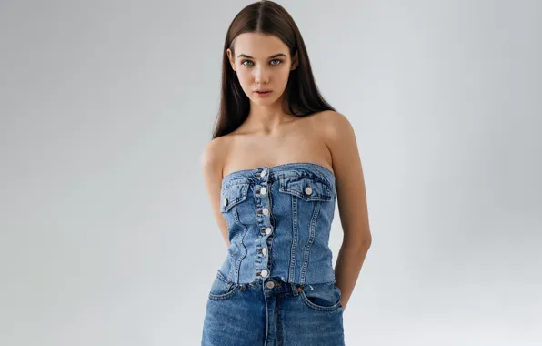 Girl, long hair, studio, model, women, brunette, denim skirt, simple background