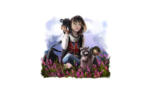 Picture girl, nature, the camera, raccoon