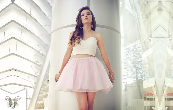 Picture long hair, model, women, brunette, pink skirt, white tops, strapless dress