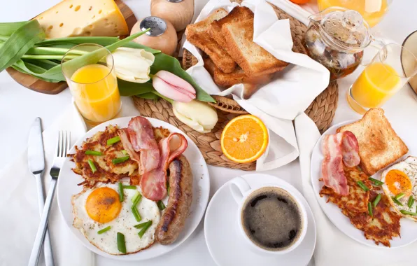 Tea, sausage, coffee, orange, Breakfast, juice, tulips, scrambled eggs