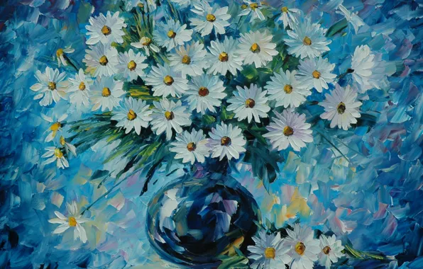 Picture flowers, chamomile, bouquet, vase, painting, Leonid Afremov