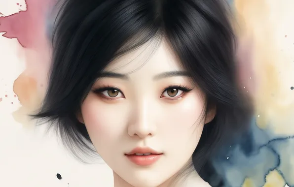 Girl, blue, grey, black, woman, figure, beauty, watercolor