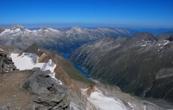 The sky, snow, mountains, stones, horizon, Bay, the fjord