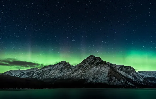 The sky, stars, mountains, lake, reflection, Northern lights