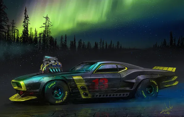 Car, machine, auto, night, lights, figure, Northern lights, night