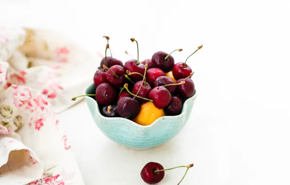Picture cherry, berries, cherry, napkin, apricots, ramekin, Julia Khusainova
