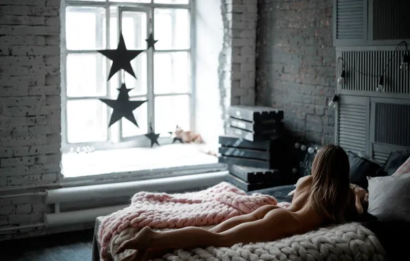 Ass, sexy, naked, bed, Girl, window, lies