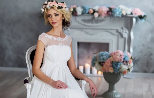 Look, girl, flowers, makeup, dress, the bride