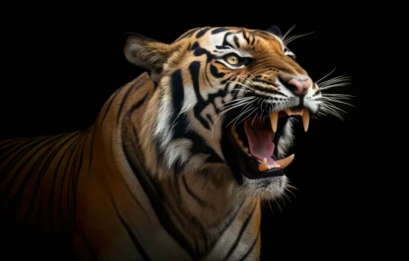 Face, tiger, grin, black background, digital art, AI art, neural network, the art of artificial …