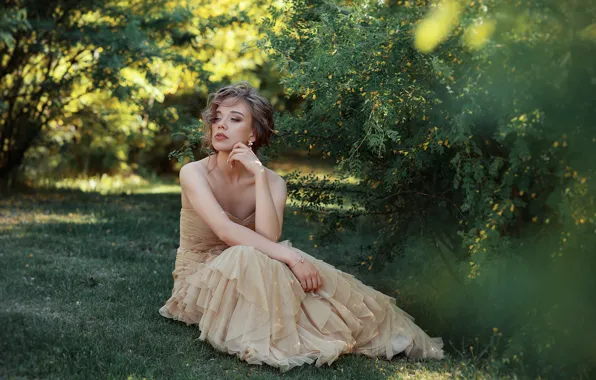 Girl, nature, pose, Park, mood, model, dress, beauty