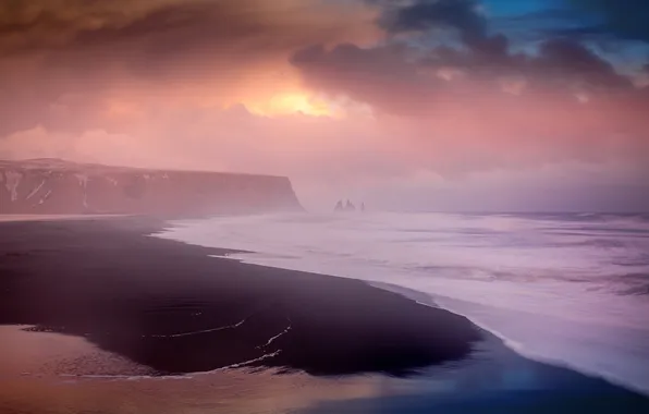 Sea, wave, beach, the sky, clouds, fog, rocks, dawn