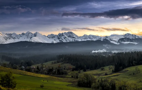 Twilight, mountains, valley, Poland, peaks, woodland, Murzasichle