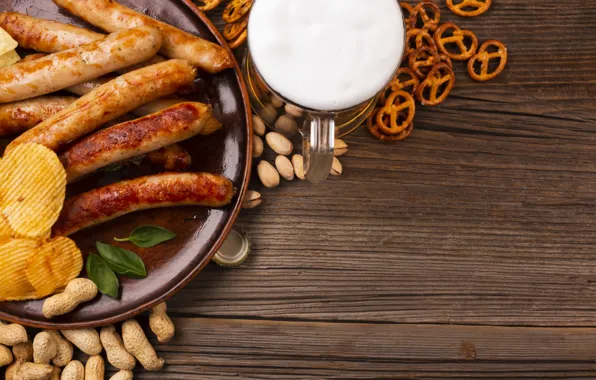Beer, chips, sausages