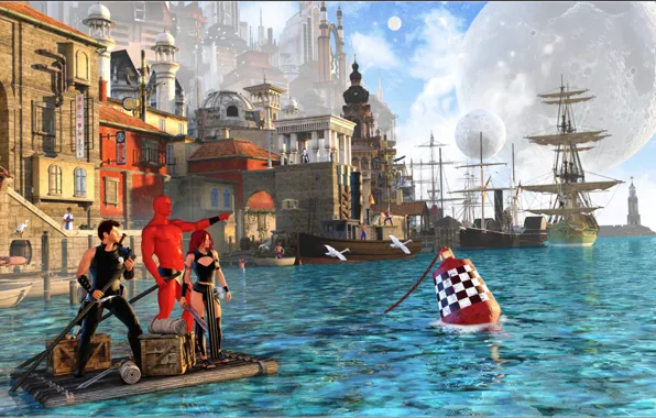 Sea, the sky, water, the city, people, ship, planet, tower