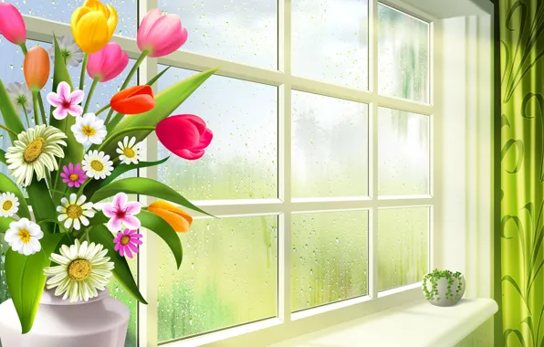 Picture flowers, bouquet, window, art