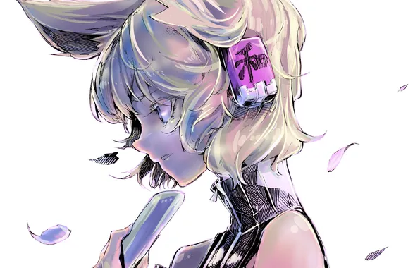 Girl, petals, headphones, Sakura, art, profile, ears, touhou