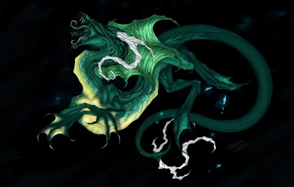 Picture fiction, mouth, tail, profile, black background, green dragon