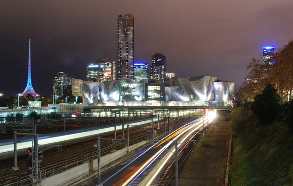 Night, lights, Australia, Melbourne, train, Australia, Metro Light Streams, VIC