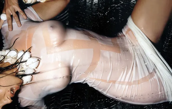 Wet, brunette, in tight